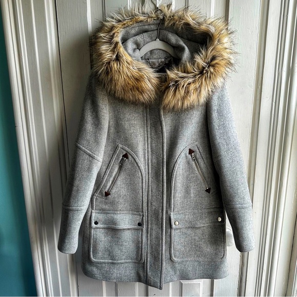 J. Crew Gray Coat with Faux Fur Hood Size 2 - Picture 1 of 6